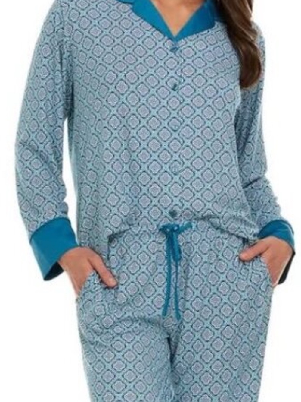 Flora Nikrooz Blue Patterned Long-Sleeve Button Up Sleepwear Top